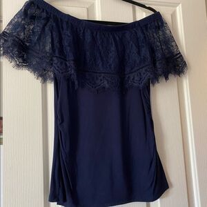 White House /Black Market Off the shoulder lace navy blue top